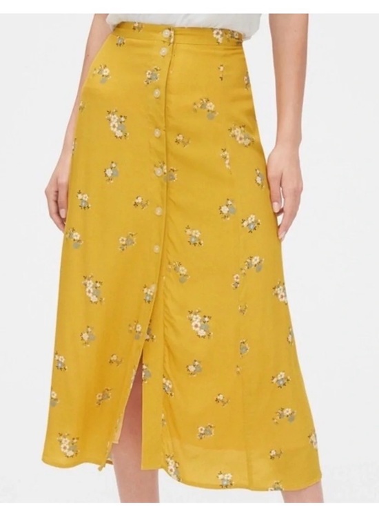 GAP Dresses & Skirts - GAP Yellow Floral Midi Skirt with Buttons Size 4